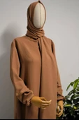 Kendinden Şallı Pamuklu Aerobin Kumaş Kadın Namaz Elbisesi  Ferace Kahverengi thumbnail 2