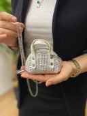 lila(açık) Süet Kumaş, Tek Bölmeli, Zincir Askılı,Fermuarlı, Taşlı, Mini El Ve Omuz Çantası 10 cm - 7