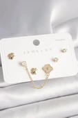 925 Ayar Gümüş Çivi Pirinç Gold Renk Zirkon Taşlı Yonca Model Sallantı Zincir Detay Kadın Küpe Seti - TJ-BKP10401 - 1