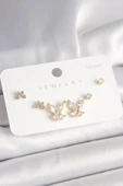 925 Ayar Gümüş Çivi Pirinç Gold Renk Zirkon Taşlı Kelebek Model Kadın Küpe Seti - TJ-BKP10403 - 1