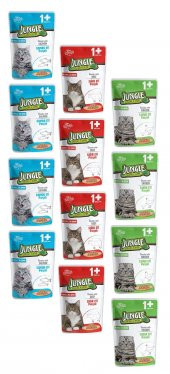 Jungle Pouch Gravy Soslu Karışık Paket Somon-Tavuk-Biftek Yaş Kedi Maması 100 Gr (12 ADET) - 1
