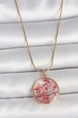 316L Çelik Gold Renk Zincir Epoksi Doğal Çiçek Model Kadın Kolye - TJ-BKO10069 - 1