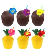 Ananas & Hindistan Cevizi Tasarımlı Pipetli Bardak Seti (6 Adet) - 1