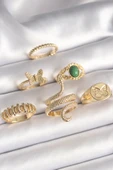 Pirinç Gold Renk İşlemeli Yılan Figür Kelebek Detay 6'Lı Kadın Yüzük Seti - TJ-BYK3614 - 1