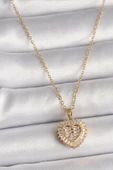 316L Çelik Gold Renk Zincir Zirkon Taşlı Kalp Model Kadın Kolye - TJ-BKO9786 - 1