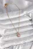 316L Çelik Gold Renk Zincir Pembe Zirkon Taşlı Kalp Model Kadın Kolye - TJ-BKO9718 - 2