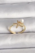 Pirinç Gold Renk Zirkon Taşlı Deniz Yıldızı Model İnci Detay Ayarlababilir Yüzük - TJ-BYK3549 - 1