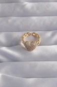 Pirinç Ayarlamalı Gold Renk Zirkon Taşlı Bombeli Kalp Yüzük - TJ-BYK3281 - 2