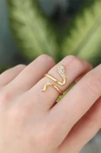 Pirinç Gold Renk Ayarlanabilir Zirkon Taşlı Yılan Yüzük - TJ-BYK3188 - 1