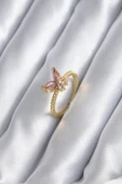 Gold Renk Pembe Zirkon Taşlı Kelebek Model Kadın Yüzük - TJ-BYK2842 - 1