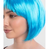 Turkuaz Açık Mavi Renk Düz Kesim Kısa Küt Parti Peruğu - 5
