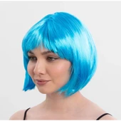 Turkuaz Açık Mavi Renk Düz Kesim Kısa Küt Parti Peruğu - 4