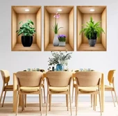 3D Çiçek Vazo Duvar Sticker 3 lü Set Kahverengi Fon thumbnail 3