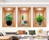 3D Çiçek Vazo Duvar Sticker 3 lü Set Kahverengi Fon thumbnail 2