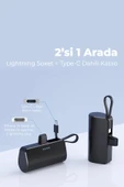 iPhone Lightning Soketli Mini Powerbank 5000mAh Type-C Dahili Kablolu Taşınabilir Şarj Cihazı Siyah - 2