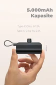Type-C Soketli Mini Powerbank 5000mAh 2 Type-C Port Dahili Kablolu Taşınabilir Şarj Cihazı Siyah - 3
