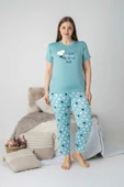 Kadın Bisiklet Yaka Düğmesiz Battal Kesim Viskon Yazlık Kısa Kol Büyük Beden Pijama Takımı - 9