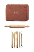 Kahve Çamur Kırmızı Kil Seramik Hamuru 1 kg Ebeşuar Seti Ahşap Merdane Seramik Set - 1