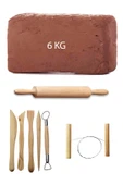 Kahve Çamur Kırmızı Kil Seramik Hamuru 6 kg Ebeşuar Seti Ahşap Merdane Seramik Çamur Kesme Teli - 1