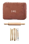 Kahve Çamur Kırmızı Kil Seramik Hamuru 3 kg Ebeşuar Seti Ahşap Merdane Seramik Set - 1