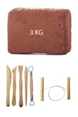 Kahve Çamur Kırmızı Kil Seramik Hamuru 3 kg Ebeşuar Seti Seramik Çamur Kesme Teli - 1