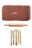Kahve Çamur Kırmızı Kil Seramik Hamuru 6 kg Ebeşuar Seti Ahşap Merdane Seramik Set - 1