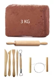 Kahve Çamur Kırmızı Kil Seramik Hamuru 3 kg Ebeşuar Seti Ahşap Merdane Seramik Çamur Kesme Teli - 1