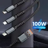 Işıklı 3 in1 Lightning-Micro-Type-C 100W Hızlı Şarj Kablosu 3A 1.2m Siyah - 4