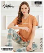 Mihra Kadın Bisiklet Yaka MİLAN Likralı Kısa Kol Pijama Takımı 50107Kiremit - 1 Adet  S - M Kiremit - 2