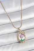Gold Renk Zincir Mix Renk Mineli Çiçek İşlemeli Zirkon Taş Detaylı Portre Model Kadın Kolye - EBJ250519W33969 thumbnail 1