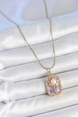 Gold Renk Zincir Mor Mineli İncili Papatya İşlemeli Portre Model Kadın Kolye - EBJ250519W33983 thumbnail 2