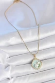 Gold Renk Zincir Turkuaz Mineli İncili Çiçek İşlemeli Portre Model Kadın Kolye - EBJ250519W33935 thumbnail 2