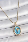 Gold Renk Zincir Mavi Mineli İncili Zirkon Taşlı Çiçek İşlemeli Portre Model Kadın Kolye - EBJ250519W33981 thumbnail 1