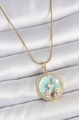 Gold Renk Zincir Mavi Mineli İnci Çiçek İşlemeli Zirkon Taş Detaylı Madalyon Model Kadın Kolye - EBJ250519W33959 thumbnail 1