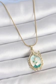 Gold Renk Zincir Mavi Mineli Çiçek İşlemeli Zirkon Taş Detaylı Portre Model Kadın Kolye - EBJ250519W33968 thumbnail 1
