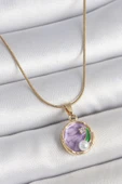 Gold Renk Zincir Mor Çiçek İşlemeli Zirkon Taş İnci Detaylı Minimal Portre Model Kadın Kolye - EBJ250519W33919 thumbnail 1