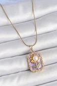 Gold Renk Zincir Mor Mineli İncili Papatya İşlemeli Portre Model Kadın Kolye - EBJ250519W33983 thumbnail 1