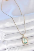 Gold Renk Zincir Mavi Mineli Çiçek İşlemeli Zirkon Taş Detaylı Portre Model Kadın Kolye - EBJ250519W33968 thumbnail 2