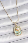 Gold Renk Zincir Mavi Mineli İncili Papatya İşlemeli Portre Model Kadın Kolye - EBJ250519W33984 thumbnail 1