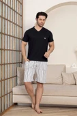 Erkek Siyah Krem Çizgili V Yaka Düğmesiz Kısa Kol Cepli Şortlu Pijama Takımı - 1