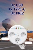7in1 Makaralı Grup Priz 1.5m Kablo 3 USB-A 1 USB-C Akım Korumalı Hızlı Şarj - 5