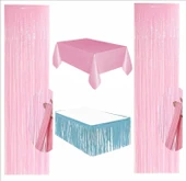 PEMBE MASA ÖRTÜSÜ, MAVİ MASA ETEĞİ, 2 ADET PEMBE ARKA FON thumbnail 1
