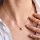 14 Ayar Altın Kaplama Sarı Renkli Tek İnci Gümüş Kolye - CNP00153 thumbnail 3