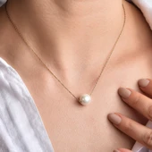 14 Ayar Altın Kaplama Beyaz Tek İnci Gümüş Kolye - CNP00152 thumbnail 3