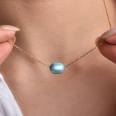 14 Ayar Altın Kaplama Gerçek Soluk Mavi Tek İnci Gümüş Kolye - CNP00154 thumbnail 2