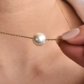 14 Ayar Altın Kaplama Beyaz Tek İnci Gümüş Kolye - CNP00152 thumbnail 2