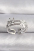 KUZGUN ONLİNE SHOP Pirinç Gümüş Renk Zirkon Taşlı Çiçek Model VIP Seri Kadın Yüzük - Lisinya - 1