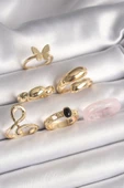 KUZGUN ONLİNE SHOP Pirinç Gold Renk Kelebek Figür Sarmal Model 6'Lı Kadın Yüzük Seti - Lisinya - 1