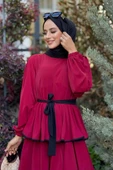 Bel Kuşaklı Kat Detay Elbise 6029 Bordo - 4