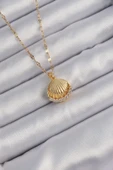 KUZGUN ONLİNE SHOP 316L Çelik Zincir Altın Renk İncili Zirkon Taşlı İstiridye Kolye - Lisinya - 1